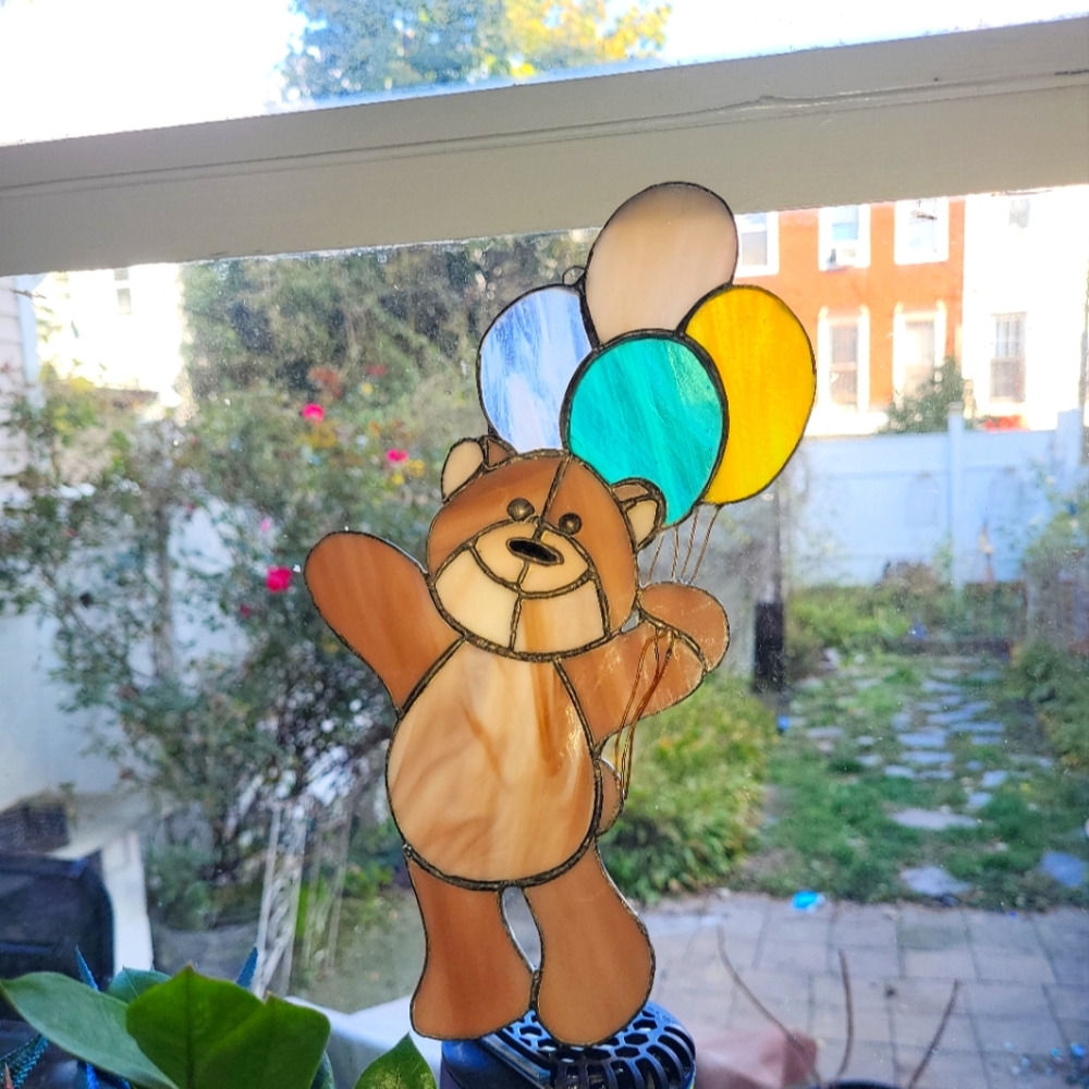 Stained Glass Bear with Balloons. Beautiful Piece to Put in Your Window.